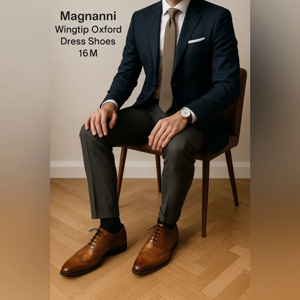 Magnanni Wingtip Oxford Dress Shoes Brown Leather Made in Spain 16M